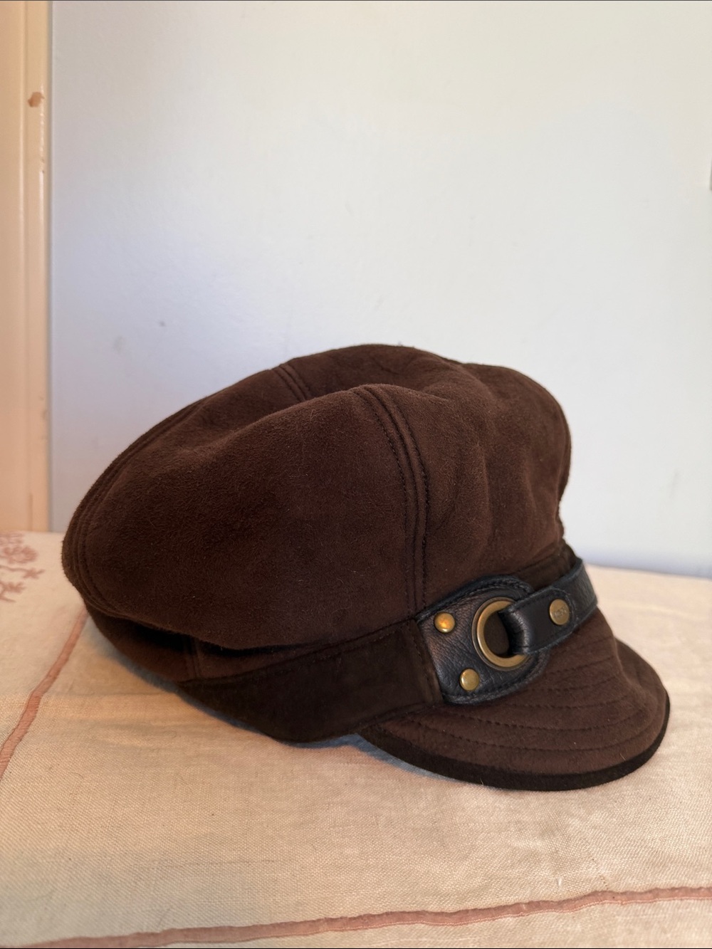 Brown Suede Newsboy Cap with Leather Accent